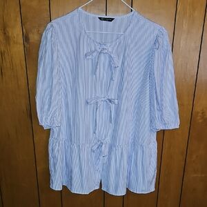 Light Purple and White Striped Blouse with Bow Details